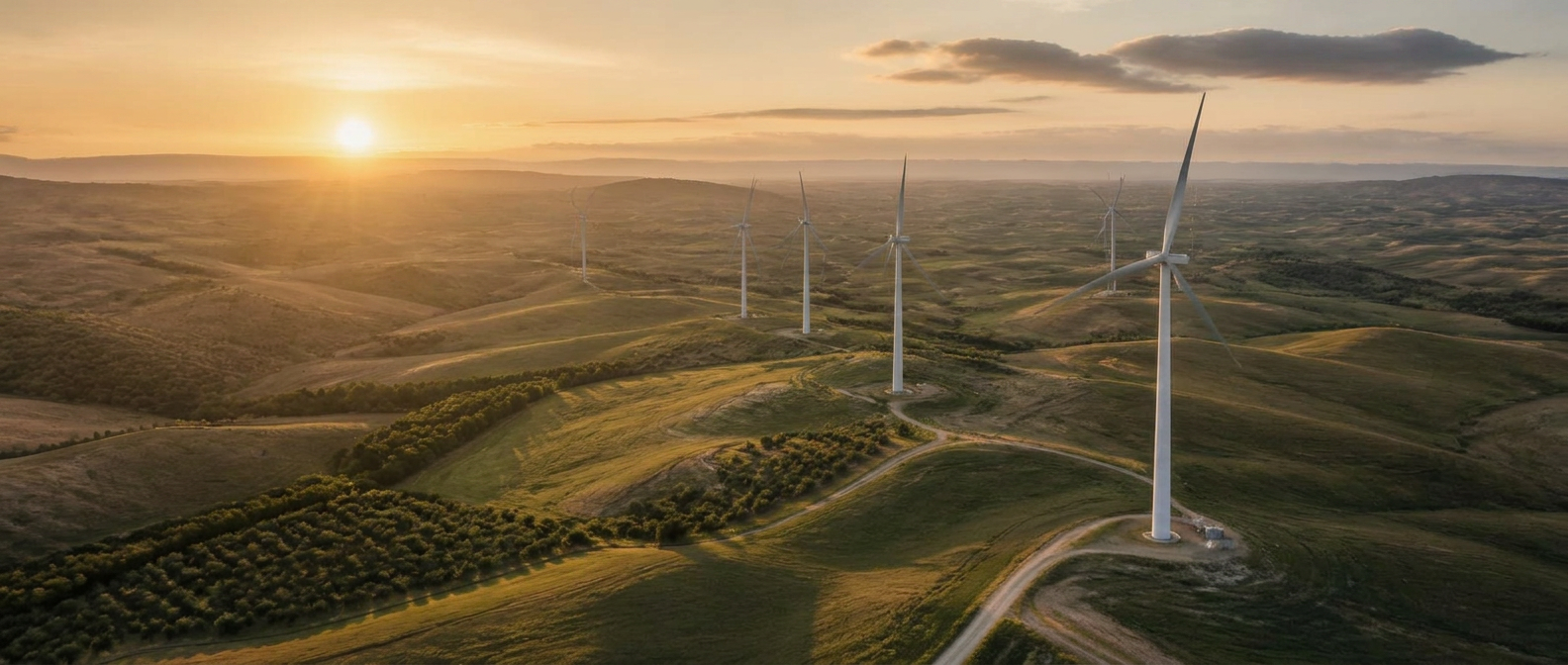 Parc éolien au coucher du soleil sur des collines verdoyantes